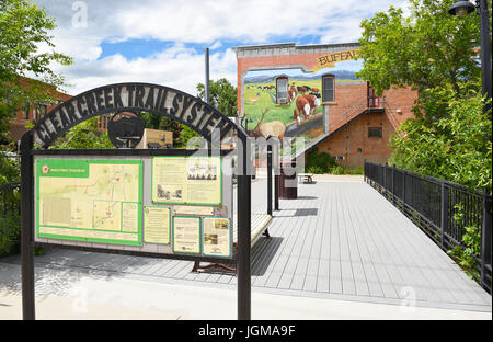 BUFFALO, WYOMING - JUNE 23, 2017: Clear Creek Trail Map. The Clear Creek Trail head begins in downtown Buffalos City Park.. Stock Photo