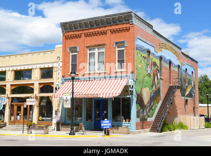 BUFFALO, WYOMING - JUNE 23, 2017: Main Street Shops Buffalo Wyoming. Buffalo's main street has more than a dozen historic buildings. Stock Photo