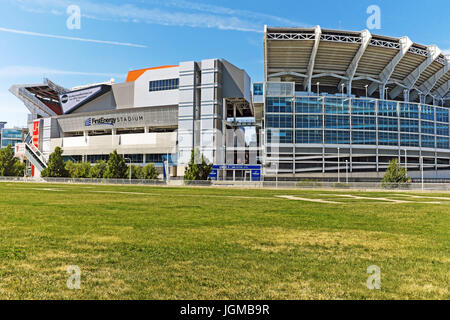 Exterior of the concrete and glass FirstEnergy Stadium, home of