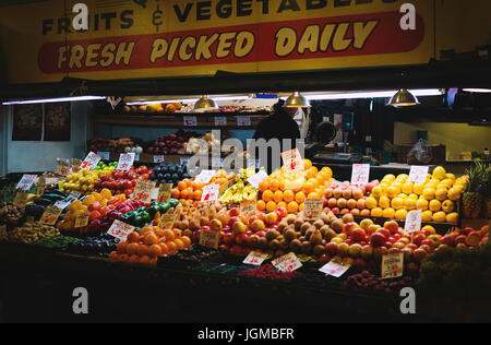 Fruit stand in Pike Place Market Stock Photo
