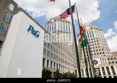 A logo sign outside of the headquarters of Procter & Gamble Co. (P&G), in Cincinnati, Ohio on June 29, 2017. Stock Photo