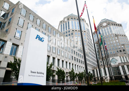 A logo sign outside of the headquarters of Procter & Gamble Co. (P&G), in Cincinnati, Ohio on June 29, 2017. Stock Photo