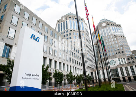 A logo sign outside of the headquarters of Procter & Gamble Co. (P&G), in Cincinnati, Ohio on June 29, 2017. Stock Photo