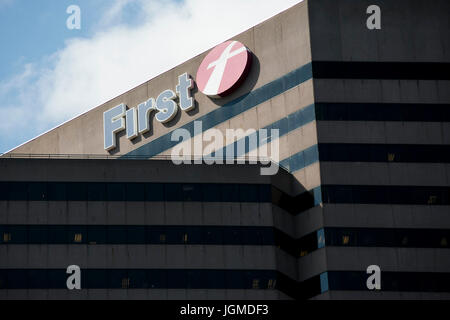 A logo sign outside of the headquarters of FirstGroup America, Inc., in Cincinnati, Ohio on June 29, 2017. Stock Photo