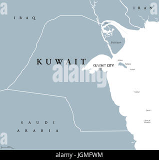 Kuwait political map with capital Kuwait City. State and Arab country in the Middle East, at the tip of the Persian Gulf. Gray illustration. Stock Photo