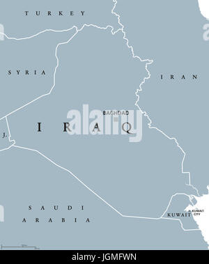 Iraq political map with capital Baghdad. Republic and Arab country in the Middle East, Western Asia and on the Persian Gulf. Gray illustration. Stock Photo