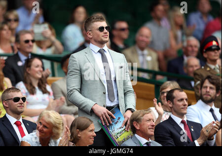 Adam Peaty in the royal box of centre court on day six of the Wimbledon Championships at The All England Lawn Tennis and Croquet Club, Wimbledon. Stock Photo