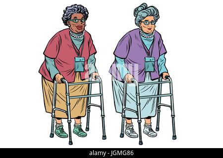 African and Caucasian old ladies with walker Stock Vector