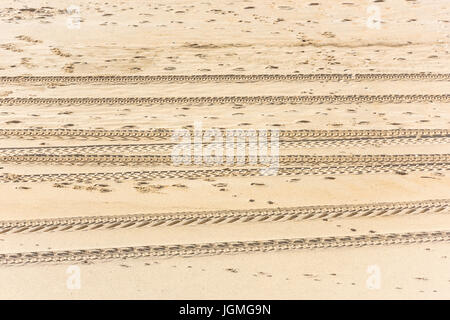 Traces of car tires on the sand as a background Stock Photo