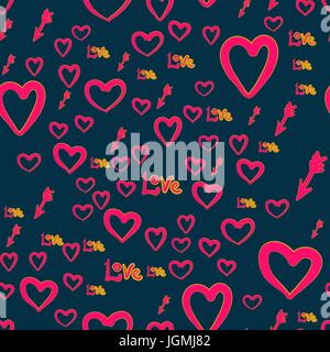 Seamless chaotic pattern with Cupid arrows, love word and heart elements. Valentine Day texture background. Wallpaper for lovers. Stock Vector