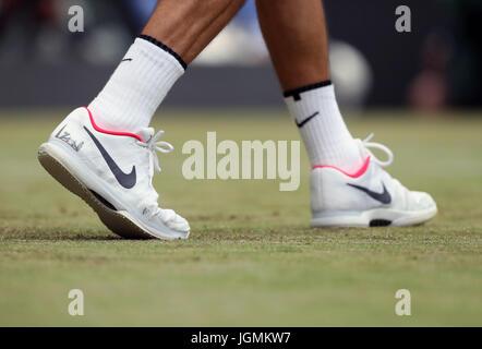 Roger Federer Nike shoes on day six of the Wimbledon Championships at The All England Lawn Tennis and Croquet Club, Wimbledon.  PRESS ASSOCIATION Photo. Picture date: Saturday July 8, 2017. See PA story TENNIS Wimbledon. Photo credit should read: John Walton/PA Wire. Stock Photo