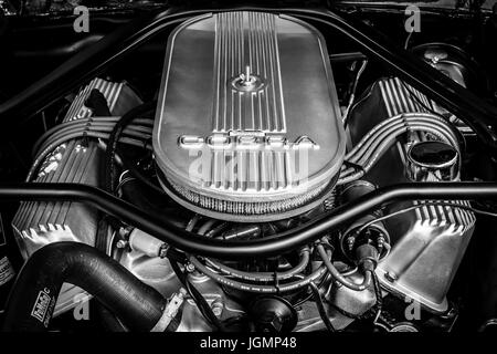 BERLIN - JUNE 17, 2017: Engine of the Ford Shelby Mustang GT500 Eleanor. Close-up. Black and white. Classic Days Berlin 2017. Stock Photo