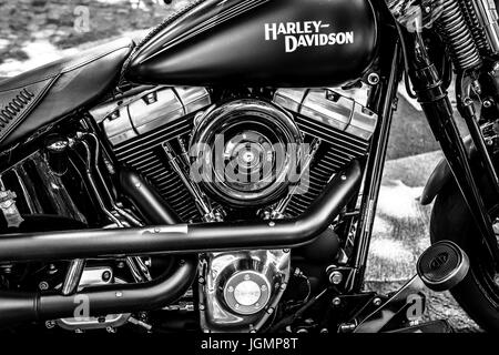 BERLIN - JUNE 17, 2017: Engine of motorcycle Harley-Davidson, close-up. Black and white. Classic Days Berlin 2017. Stock Photo