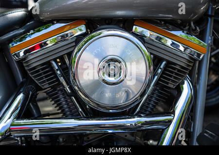 BERLIN - JUNE 17, 2017: Engine of motorcycle Harley-Davidson, close-up. Classic Days Berlin 2017. Stock Photo