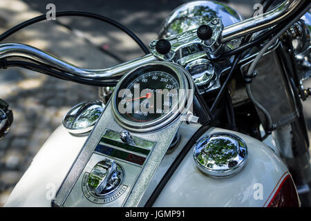 BERLIN - JUNE 17, 2017: Fragment of motorcycle Harley-Davidson, close-up. Classic Days Berlin 2017. Stock Photo