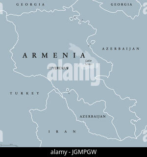 Armenia political map with capital Yerevan. Republic and sovereign state and in South Caucasus and Middle East region. Gray illustration. Stock Photo