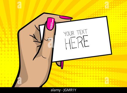 Pop art comic text business card girl woman hand Stock Vector