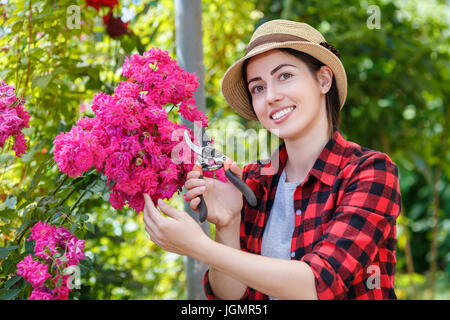 gardener girl trimming flowers with secateurs in the garden. Young woman taking care of rose bushes. People, gardening, care of flowers, hobby concept Stock Photo