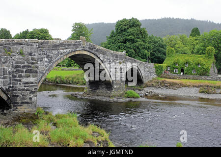 Llanrwst ancient stone bridge and tea rooms and Conwy river Snowdonia ...