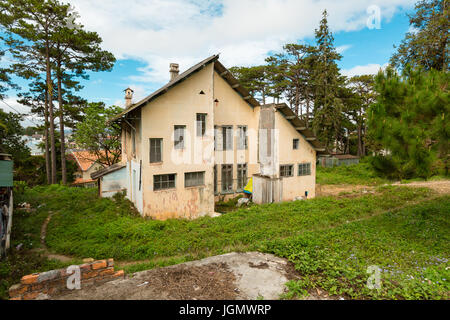 Old empty and abandoned house, ancient house with impression stone wall Vietnam city of Da lat Stock Photo