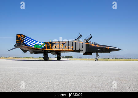 LARISSA, GREECE - MAY 4, 2017: Special painted Hellenic Air Force RF-4E Phantom II fighter jet plane taxiing after one of its last flights. 348 Reconn Stock Photo