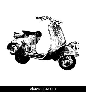 Vintage motor scooter. vector illustration, hand graphics - Old turquoise scooter. Italian symbol. Hand drawn vector sketch illustration. For prints,  Stock Vector