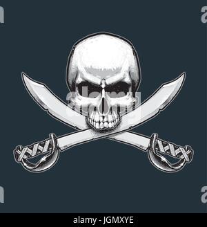 Vector illustration of the pirate flag sign, skull and crossed swords. Skull, swords, drop shadow and background neatly on separate well defined layer Stock Vector