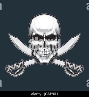 Vector illustration of the pirate flag sign, skull and crossed swords. Skull, swords, drop shadow and background neatly on separate well defined layer Stock Vector