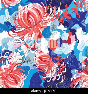 Seamless bright summer pattern with different flowers blue and red Stock Vector