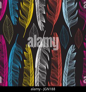 Graphic seamless pattern with colorful feathers and leaves on a dark background. Template for design Stock Vector