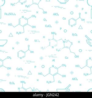 Seamless pattern with scientific, education elements: molecular structure, formula, pestle and other. Design for banner, poster or print. Stock Vector