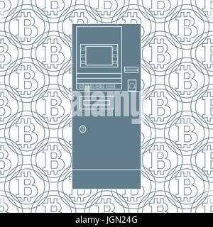 Stylized icon of a colored automatic teller machine or ATM on a bitcoins background. Stock Vector