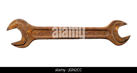 Isolated objects: old rusty spanner on white background Stock Photo