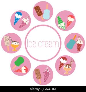 Nice picture of a colored scheme with various kinds of delicious ice cream and inscription on a white background Stock Vector