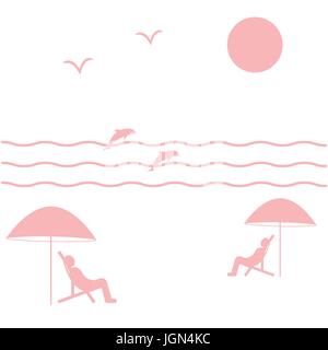 Nice picture on holiday by the sea: the sun, seagulls, dolphins, waves, people in beach chairs under umbrellas on a white background Stock Vector