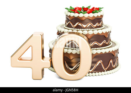 Chocolate Birthday cake with golden number 40, 3D rendering isolated on white background Stock Photo