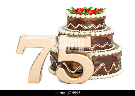 Chocolate Birthday cake with golden number 75, 3D rendering isolated on white background Stock Photo