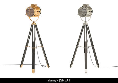 set of retro spotlights on tripods, 3D rendering isolated on white background Stock Photo