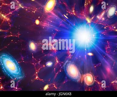 Big Bang, conceptual image. Computer illustration representing the origin of the universe. The term Big Bang describes the initial expansion of all the matter in the universe from an infinitely compact state 13.7 billion years ago. The initial conditions are not known, but less than a second after the beginning, temperatures were trillions of degrees Celsius and the primordial universe was much smaller than an atom. It has been expanding and cooling ever since. Matter formed and coalesced into the galaxies, which are observed to be moving away from each other. Stock Photo