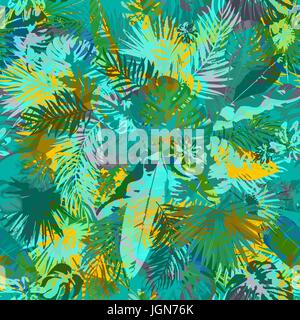 Artistic summer grunge seamless pattern. Multicolored background with shabby tropical leaves grunge texture. Hand drawn abstract floral illustration. Vector. Stock Vector
