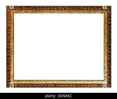 Aged carved golden and brown wooden picture frame with cut out canvas isolated on white background Stock Photo