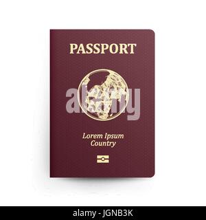 Passport With Map. Realistic Vector Illustration. Red Passport With Globe. International Identification Document. Front Cover. Isolated Stock Vector