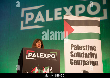 London, UK. 8th July, 2017. Dr Ghada Karmi, Palestinian doctor of medicine, author and academic, addresses a session of Palestine Expo entitled 'From Balfour to Apartheid'. 2017 marks the centenary of the Balfour Declaration. Credit: Mark Kerrison/Alamy Live News Stock Photo