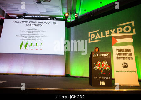 London, UK. 8th July, 2017. Dr Ghada Karmi, Palestinian doctor of medicine, author and academic, addresses a session of Palestine Expo entitled 'From Balfour to Apartheid'. 2017 marks the centenary of the Balfour Declaration. Credit: Mark Kerrison/Alamy Live News Stock Photo