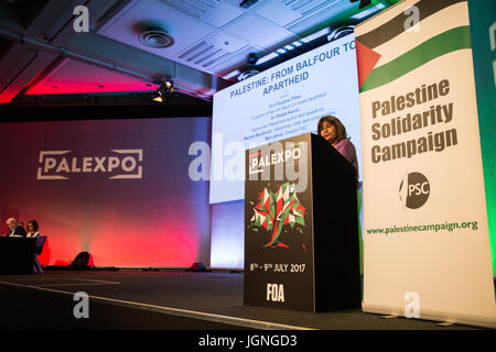 London, UK. 8th July, 2017. Dr Ghada Karmi, Palestinian doctor of medicine, author and academic, addresses a session of Palestine Expo entitled 'From Balfour to Apartheid'. 2017 marks the centenary of the Balfour Declaration. Credit: Mark Kerrison/Alamy Live News Stock Photo