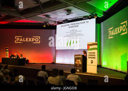 London, UK. 8th July, 2017. Dr Ghada Karmi, Palestinian doctor of medicine, author and academic, addresses a session of Palestine Expo entitled 'From Balfour to Apartheid'. 2017 marks the centenary of the Balfour Declaration. Credit: Mark Kerrison/Alamy Live News Stock Photo