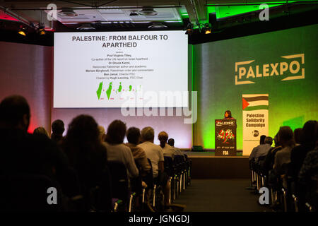 London, UK. 8th July, 2017. Dr Ghada Karmi, Palestinian doctor of medicine, author and academic, addresses a session of Palestine Expo entitled 'From Balfour to Apartheid'. 2017 marks the centenary of the Balfour Declaration. Credit: Mark Kerrison/Alamy Live News Stock Photo