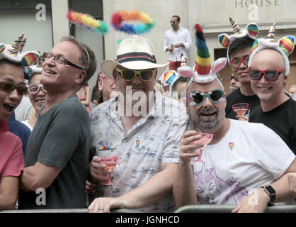 London, UK. 8th Jul, 2017.  Pride Parade, the LGBT annual carnival took place through the streets of the capital, with more than half a million people lining up the streets to see the parade and enjoy the performances. Sadiq Khan London Mayor opens the proceeding with guests: Tom Daley Olympic Swimmer, Peter Tatchell, human rights campaigner, best known for his work with LGBT social movements, as well as the wonderful talented Betsy who wooed the crowds with her voice in Trafalgar Square. Credit: Paul Quezada-Neiman/Alamy Live News Stock Photo
