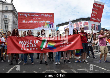 London, UK. 08th July, 2017. The Italians joined the Parade during Pride In London on Saturday. Photo : Taka G Wu Credit: Taka Wu/Alamy Live News Stock Photo