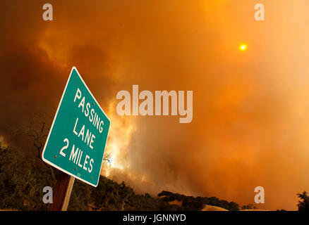 Santa Barbara, California, USA. 8th Jul, 2017. The Whittier Fire burns near Lake Cachuma in Santa Barbara County Saturday July 8, 2017. Credit: Daniel Dreifuss/Alamy Live News Stock Photo